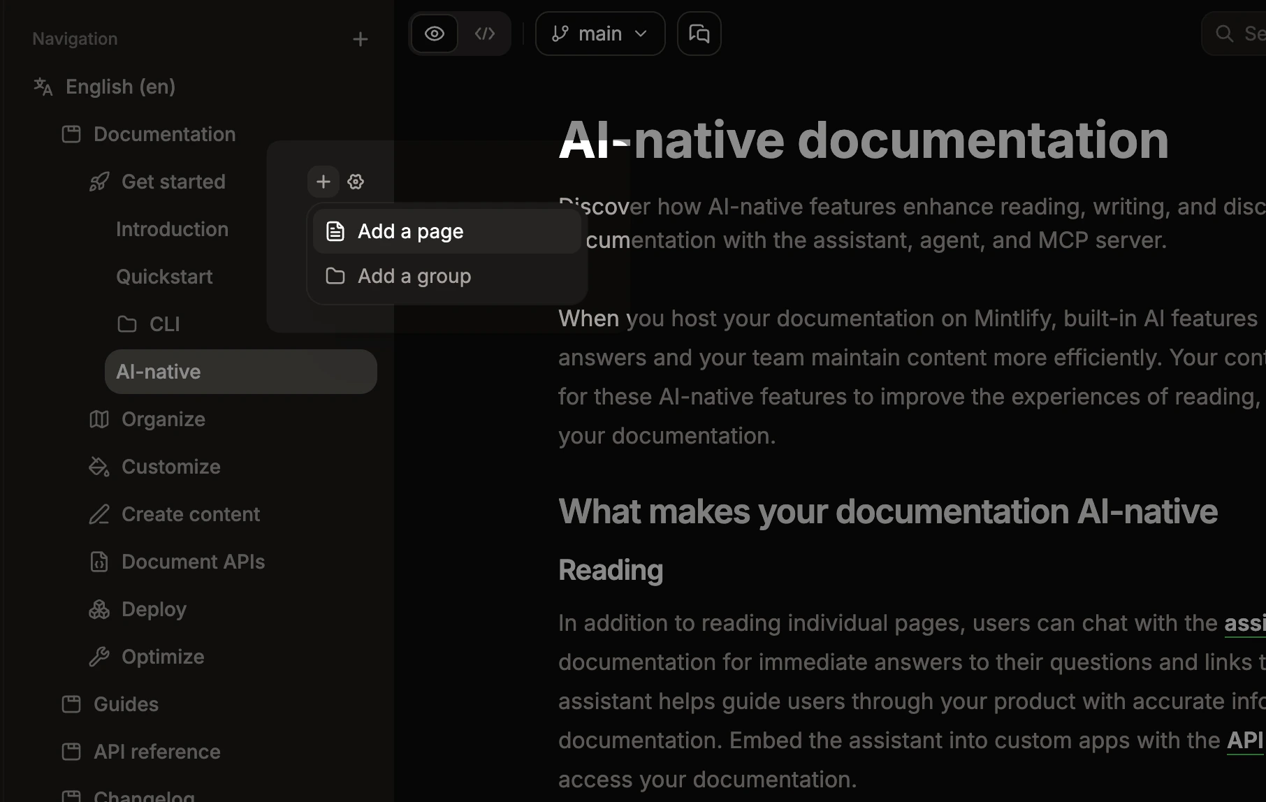 The add page menu opened beside a group in the editor.