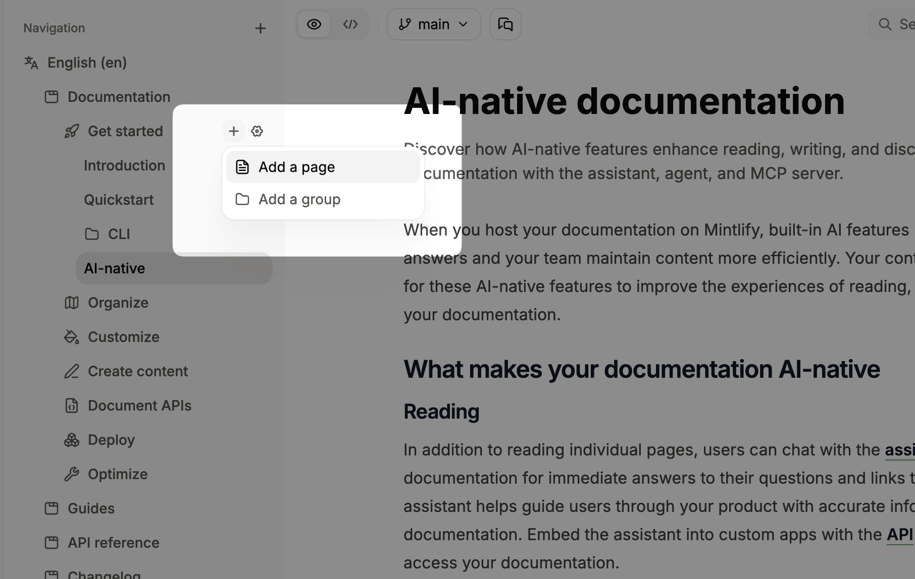 The add page menu opened beside a group in the editor.