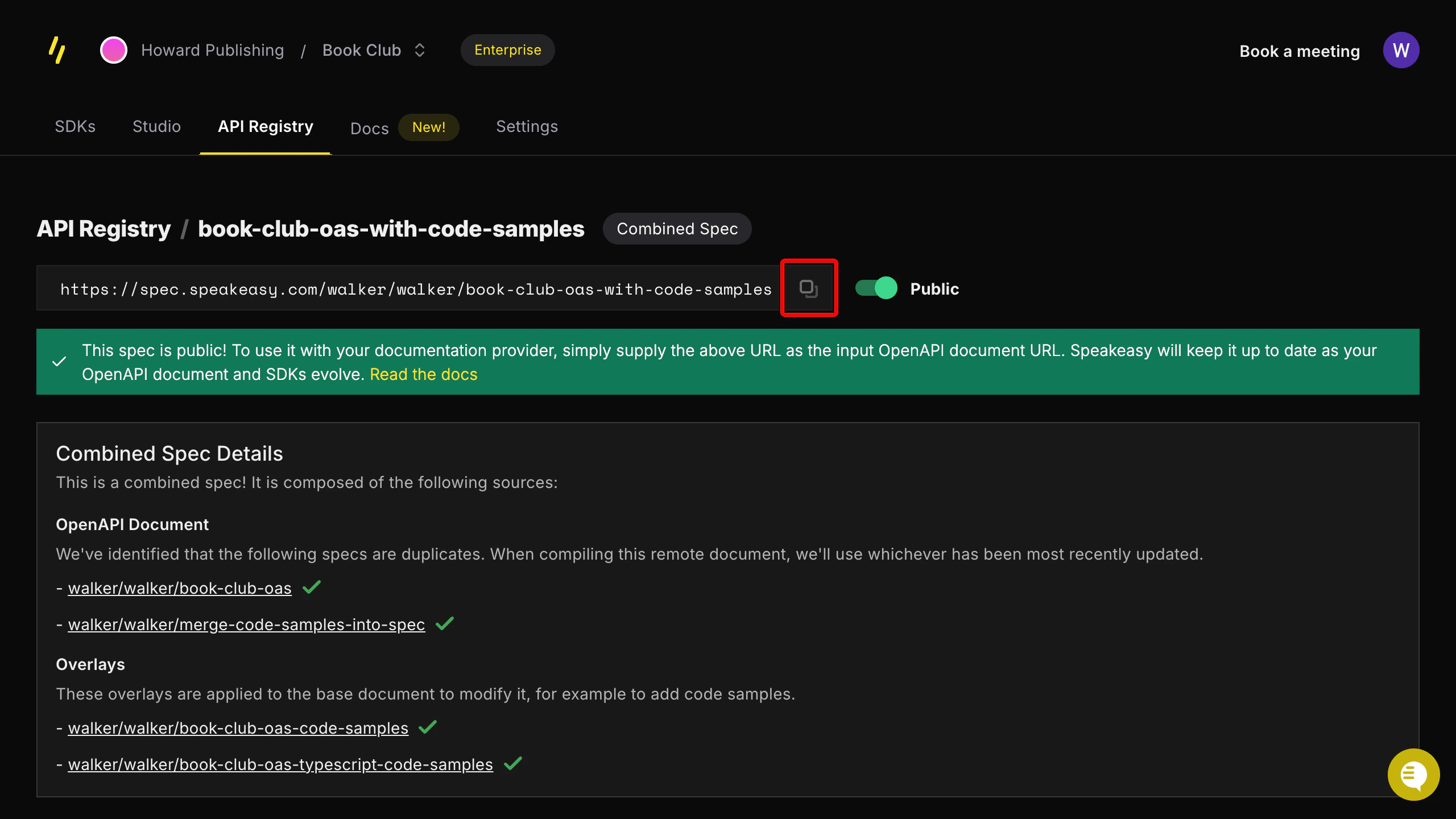 Screenshot showing the combined spec registry entry with the copy URL function emphasized with a red square.