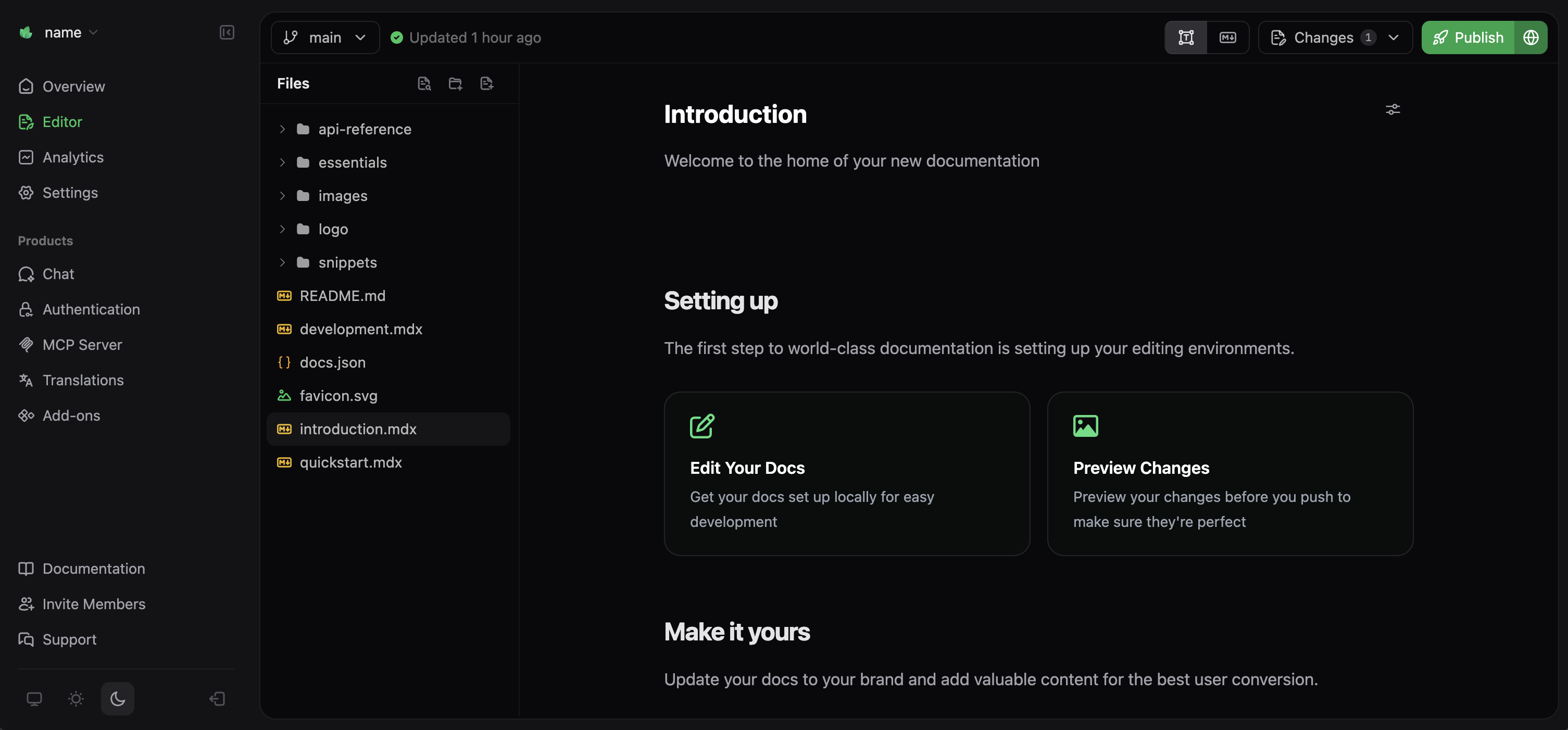 The Mintlify web editor in the visual editor mode