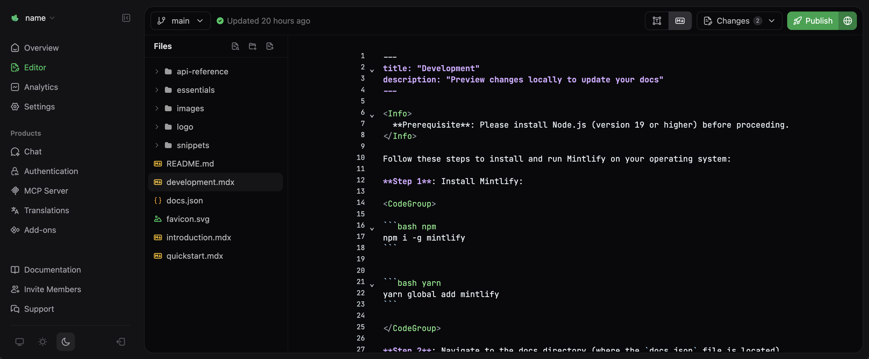 Markdown mode in the Mintlify Web Editor
