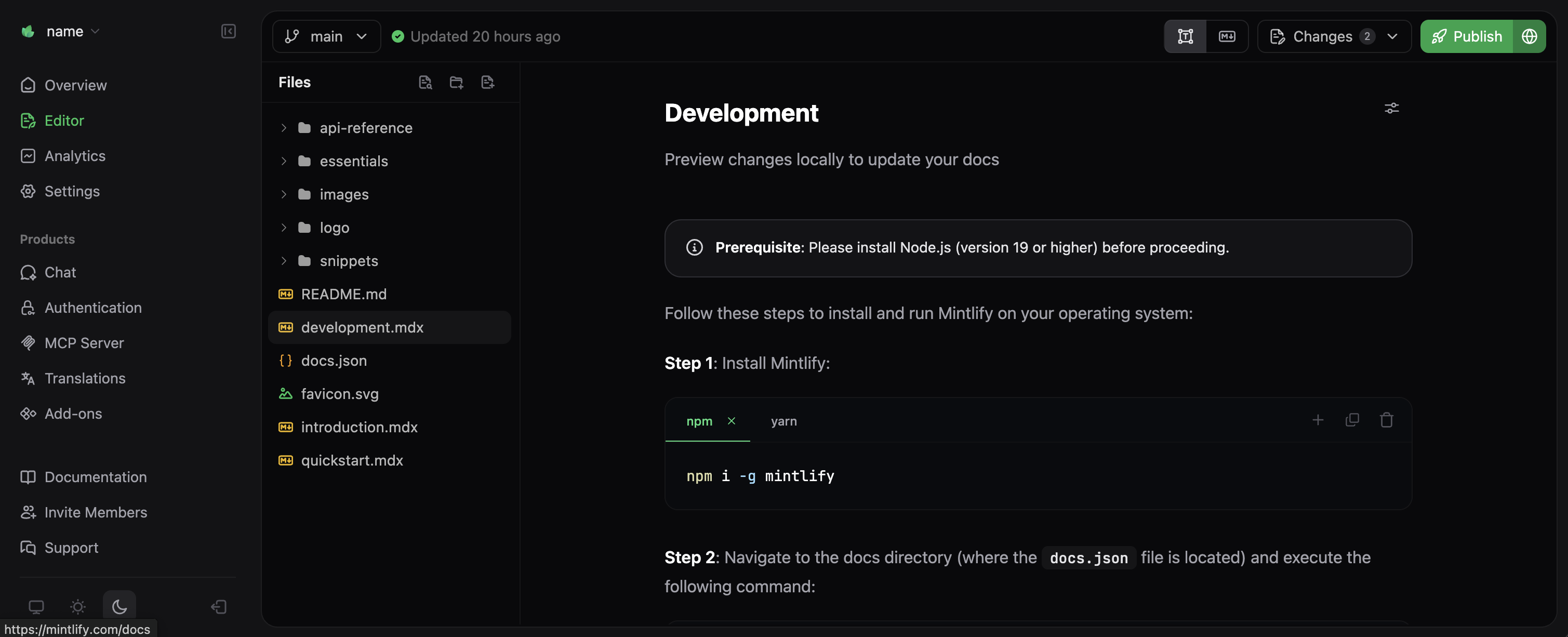 Visual editing mode in the Mintlify web editor