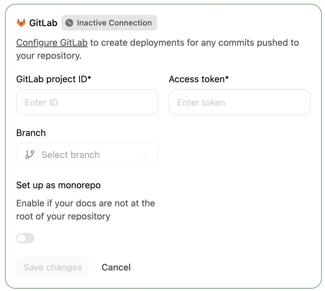 The GitLab configuration panel in the Git Settings page of the Mintlify dashboard.