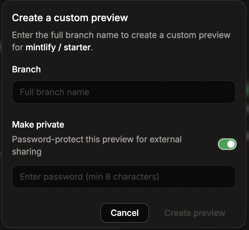 The Create a custom preview modal with the Make private toggle enabled and a password field.