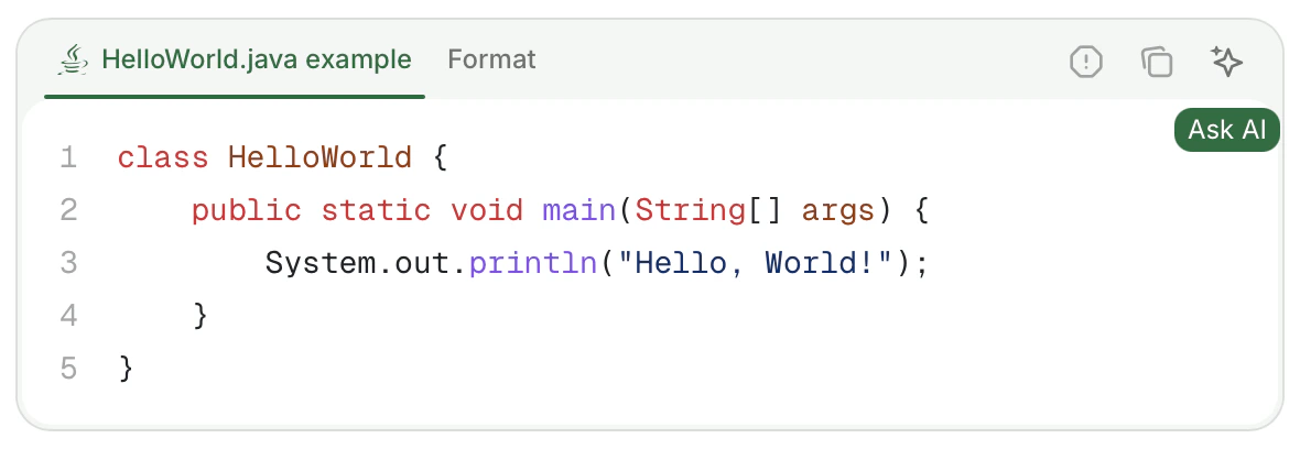 Le bouton Ask AI dans un bloc de code en mode clair.