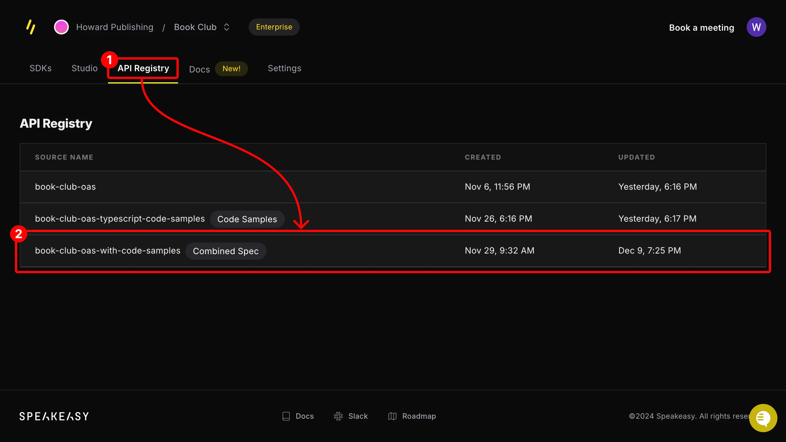 Screenshot of the Speakeasy API Registry page. The API Registry tab is emphasized with a red square and the number 1 and the entry for the API is emphasized with a red square and the number 2.