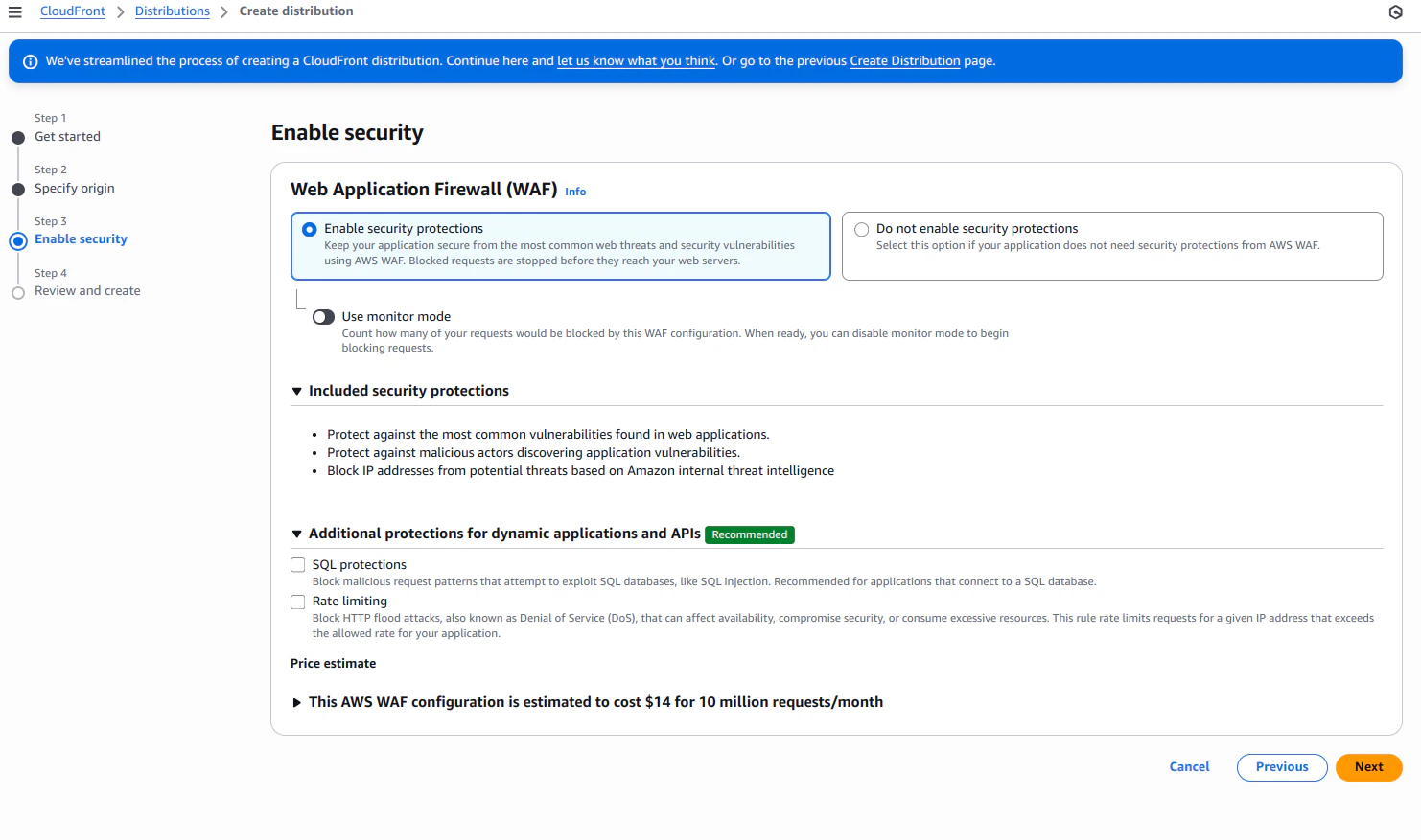 Opciones de Web Application Firewall (WAF) con «Enable security protections» seleccionado.
