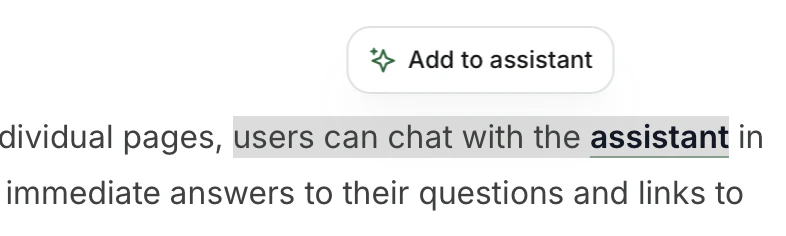 浅色模式下选中文本上方的 Add to assistant 按钮。