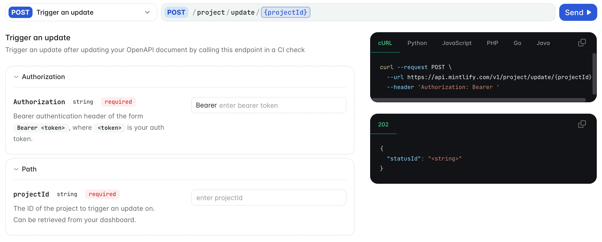 Playground API pour l’endpoint « Déclencher une mise à jour ».