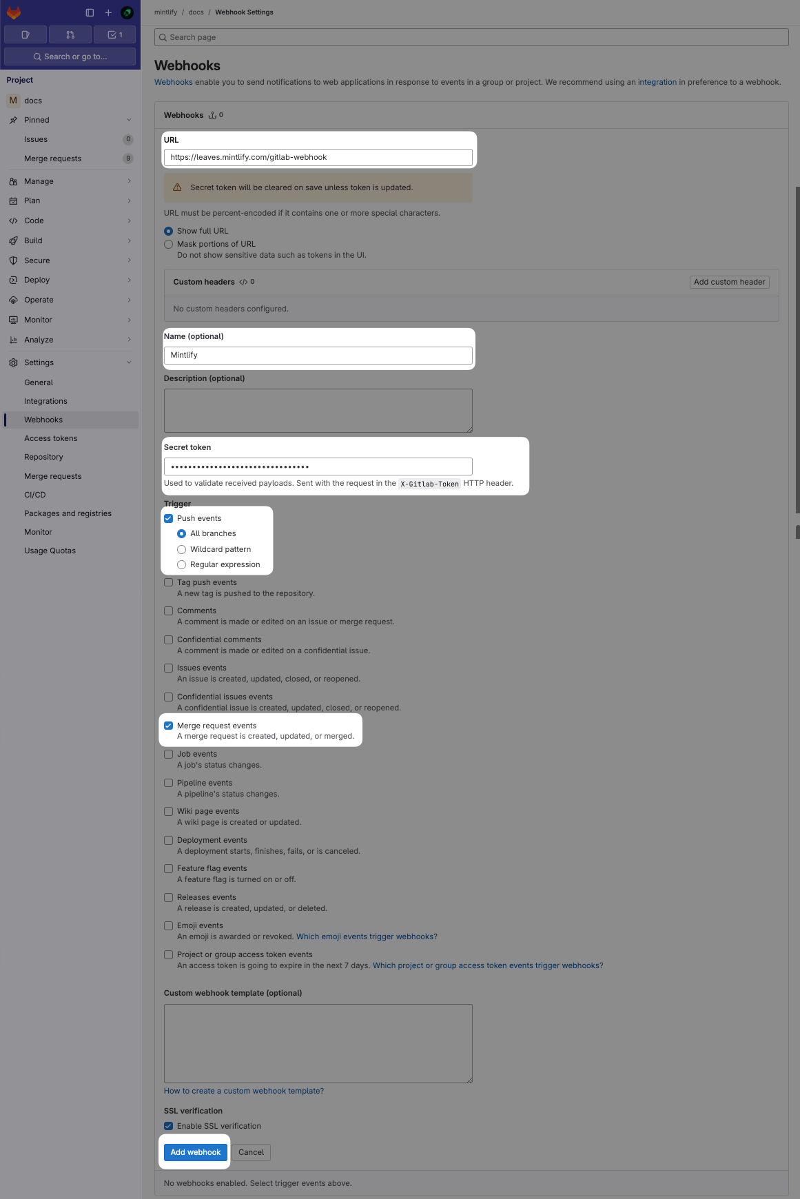 GitLab 控制台中的 Webhook 页面。为 Mintlify 配置的设置已高亮显示。