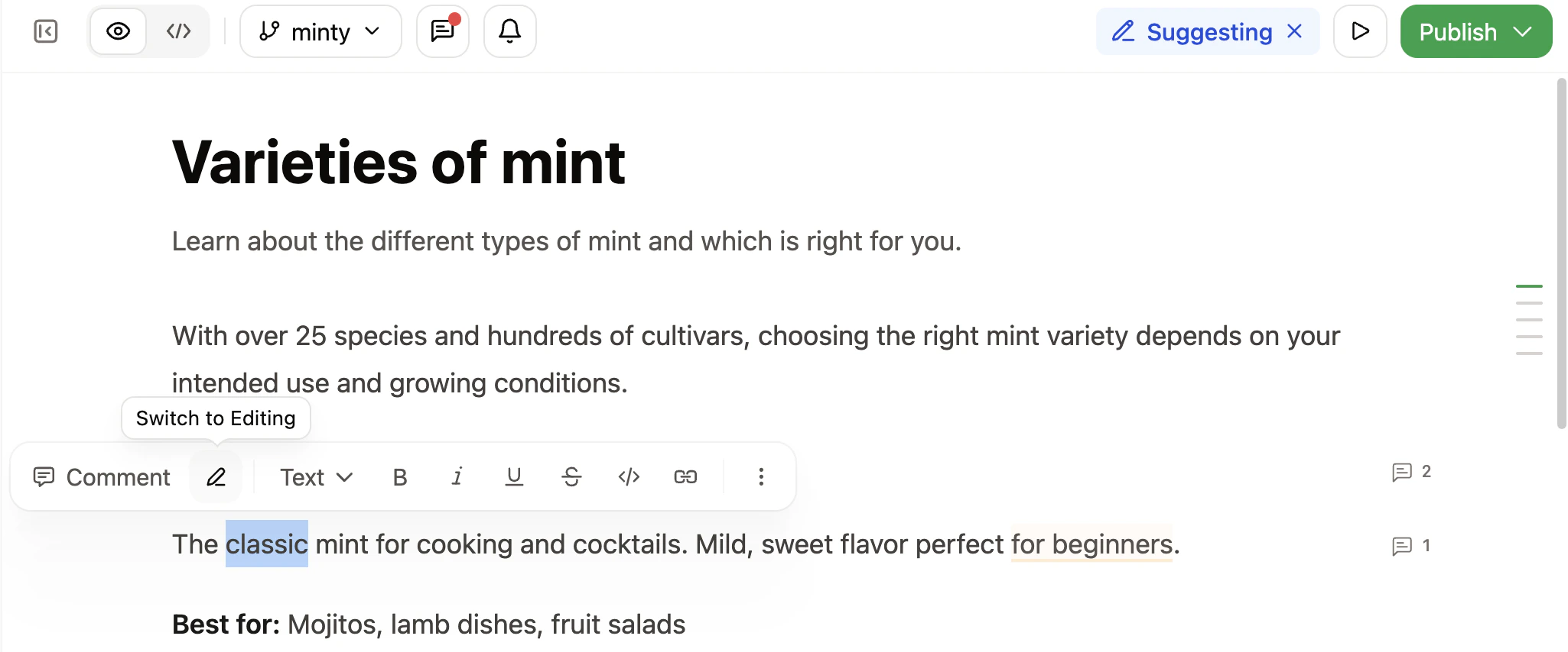 Le bouton de passage en mode suggestion dans la barre d'outils flottante au-dessus du texte sélectionné dans l'éditeur web. L'indicateur Suggestion est visible dans la barre d'outils supérieure.