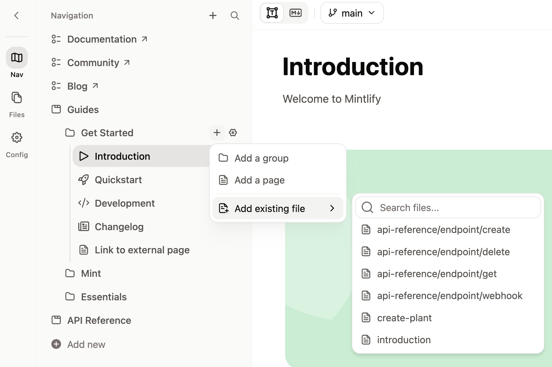 Add existing file menu expanded.