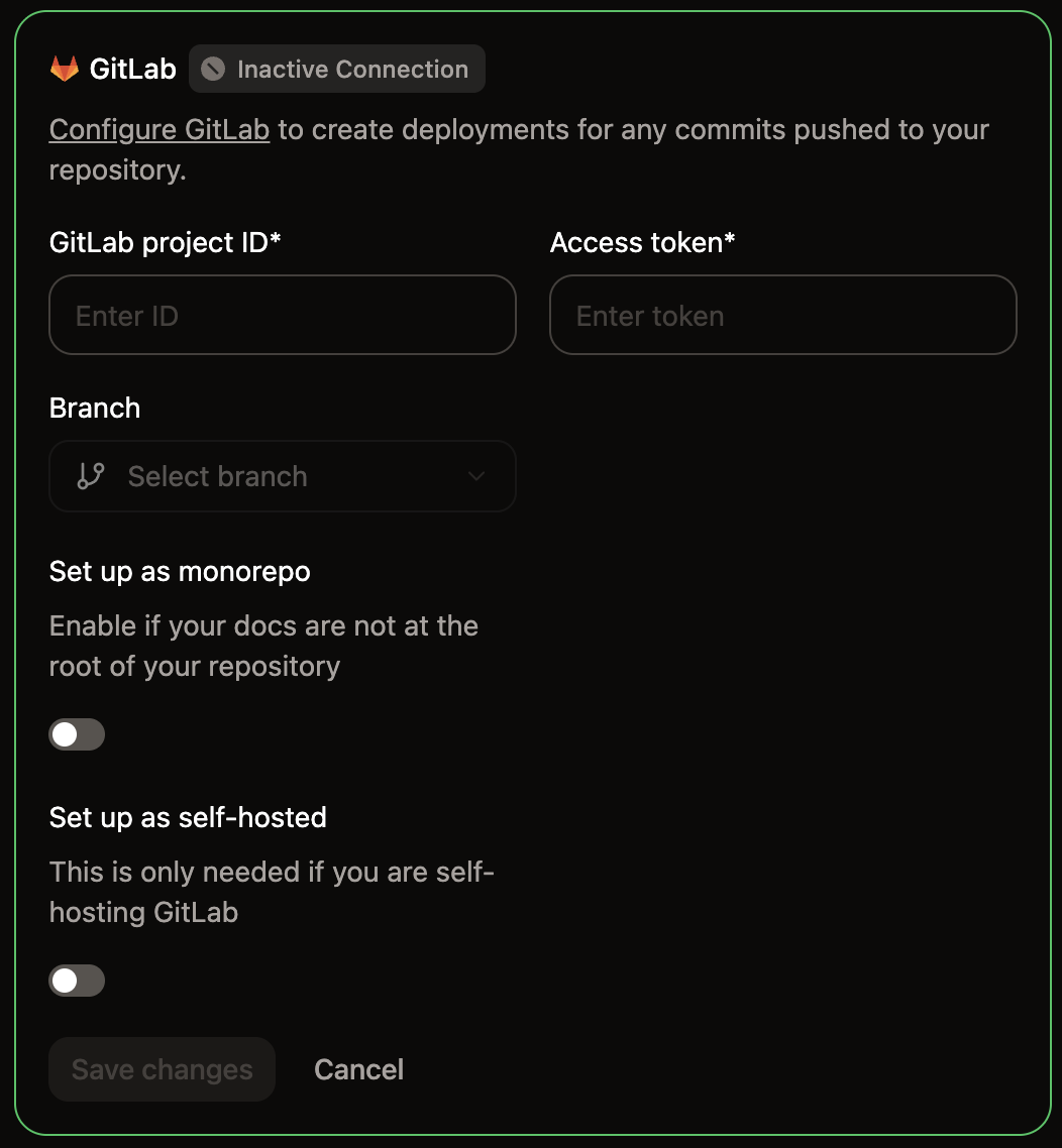 The GitLab configuration panel in the Git Settings page of the Mintlify dashboard.