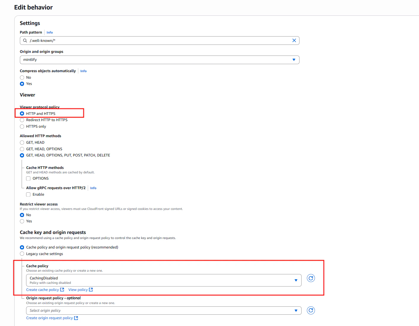 Página de CloudFront "Create behavior" con un "Path pattern" de "/.well-known/*" y "Origin and origin groups" apuntando a la URL de staging.