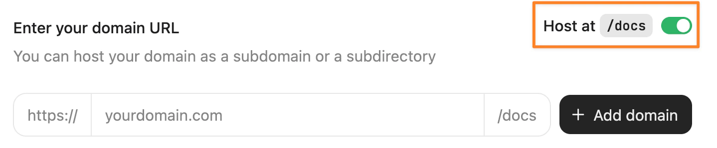 Custom domain setup 页面截图。Host at `/docs` 开关已打开,并用橙色矩形高亮显示。