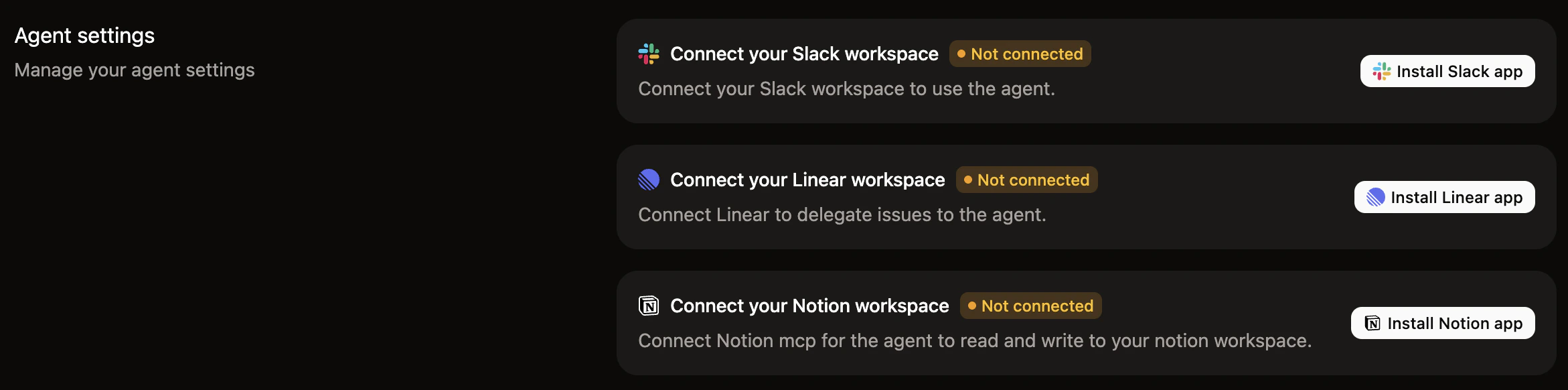 La sección de configuración de aplicaciones con los botones de instalación de Slack, Linear y Notion.