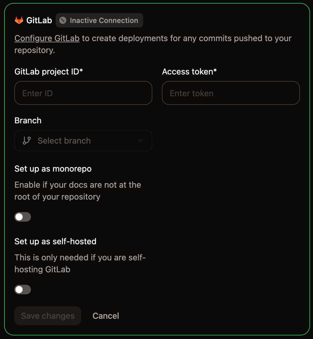 Le panneau de configuration GitLab sur la page Git Settings du Tableau de bord Mintlify.