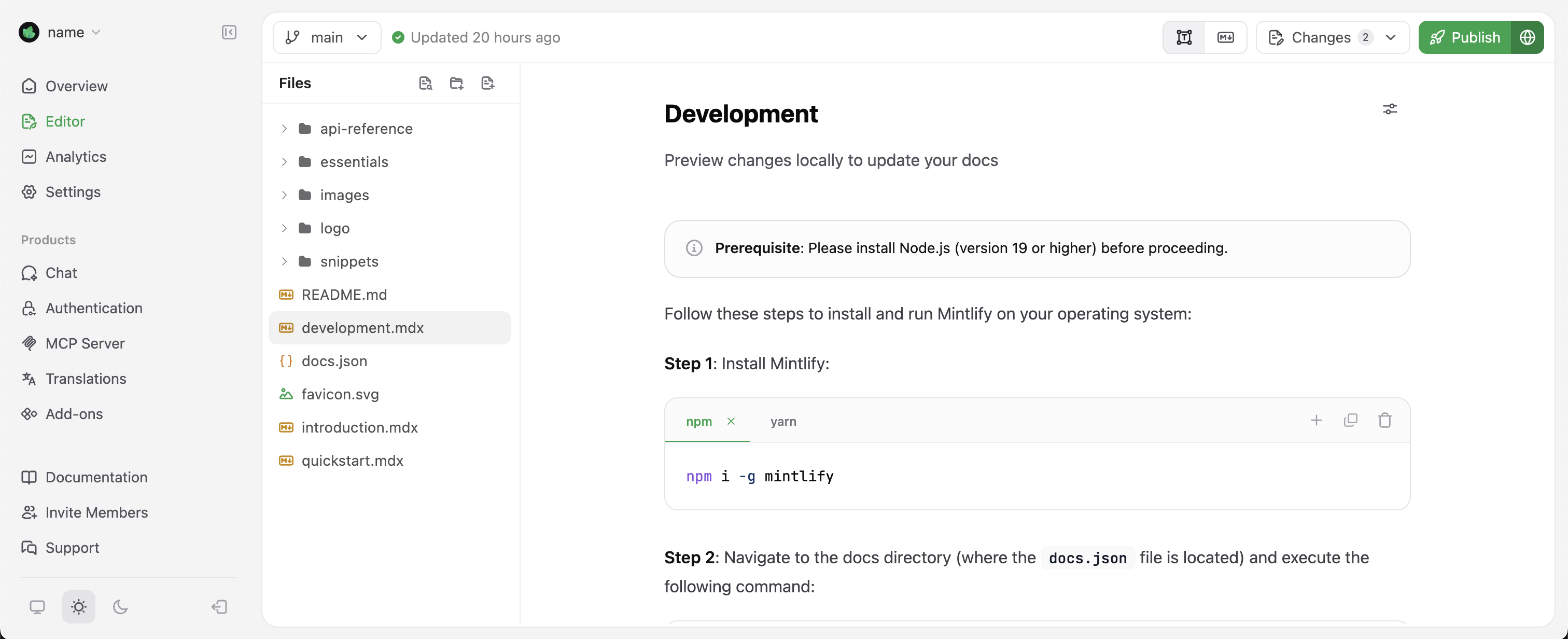 Visual editing mode in the Mintlify web editor.