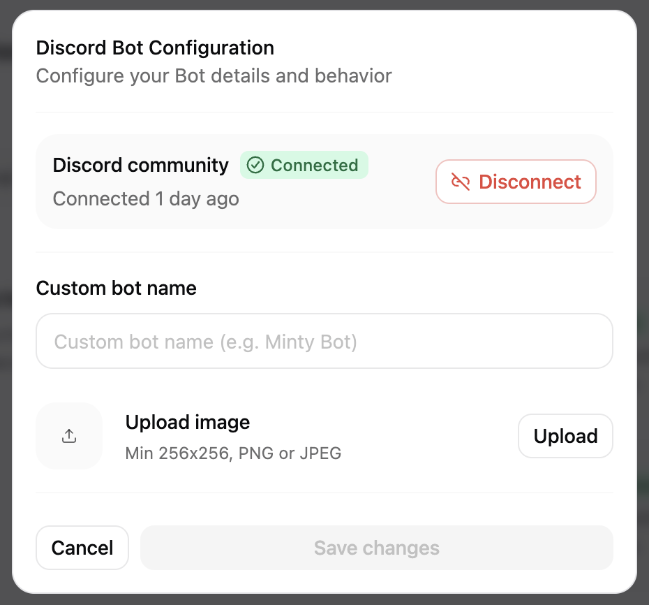 The Discord configuration panel in light mode.