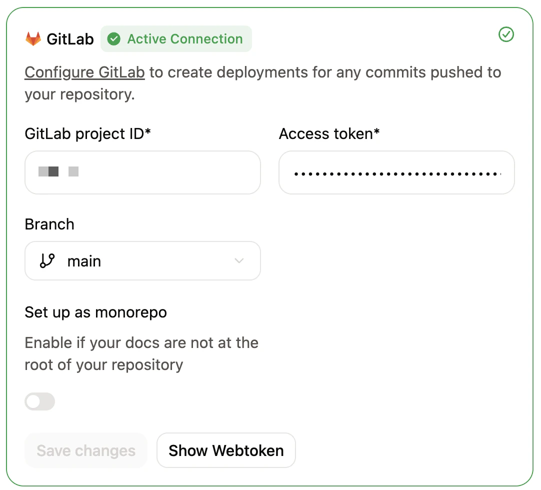 Capture d'écran de la connexion GitLab dans le Tableau de bord Mintlify.