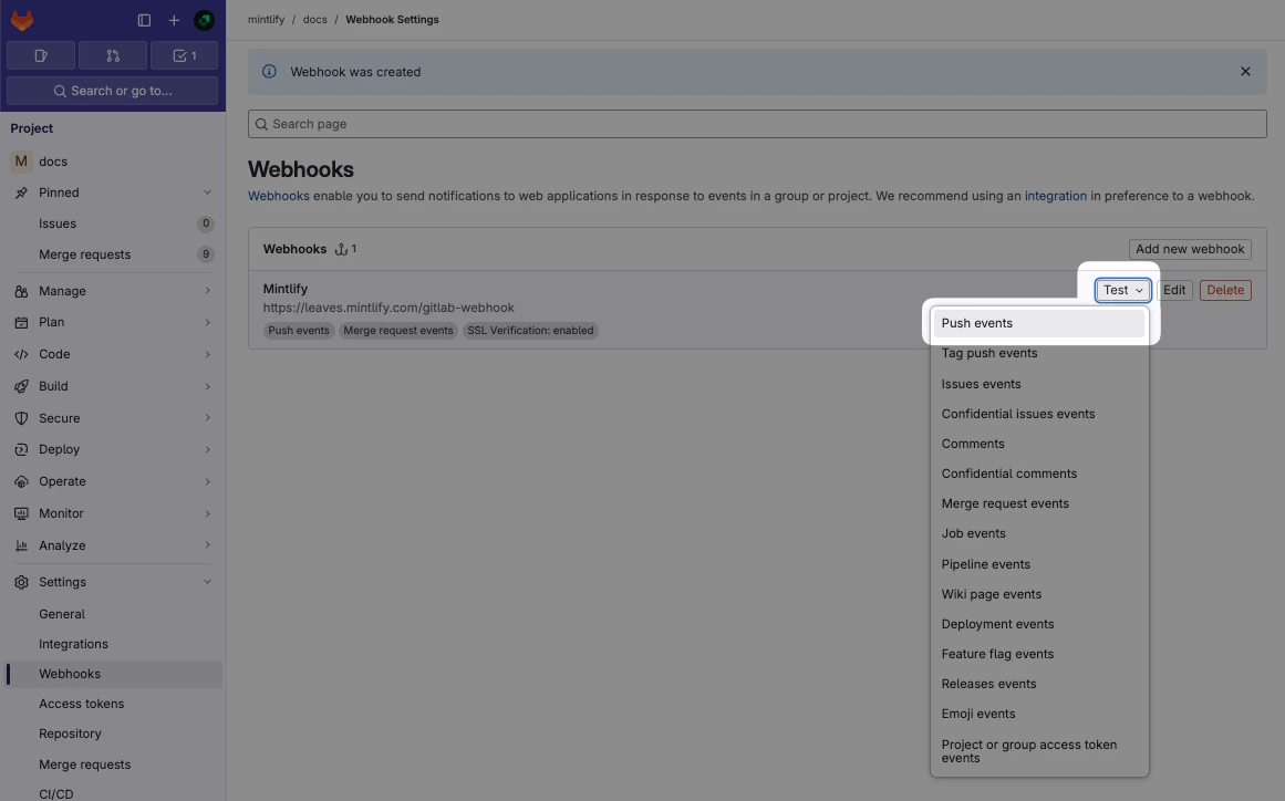 Screenshot of the GitLab Webhooks page. The 'Push events' menu item is highlighted in the 'Test' menu.