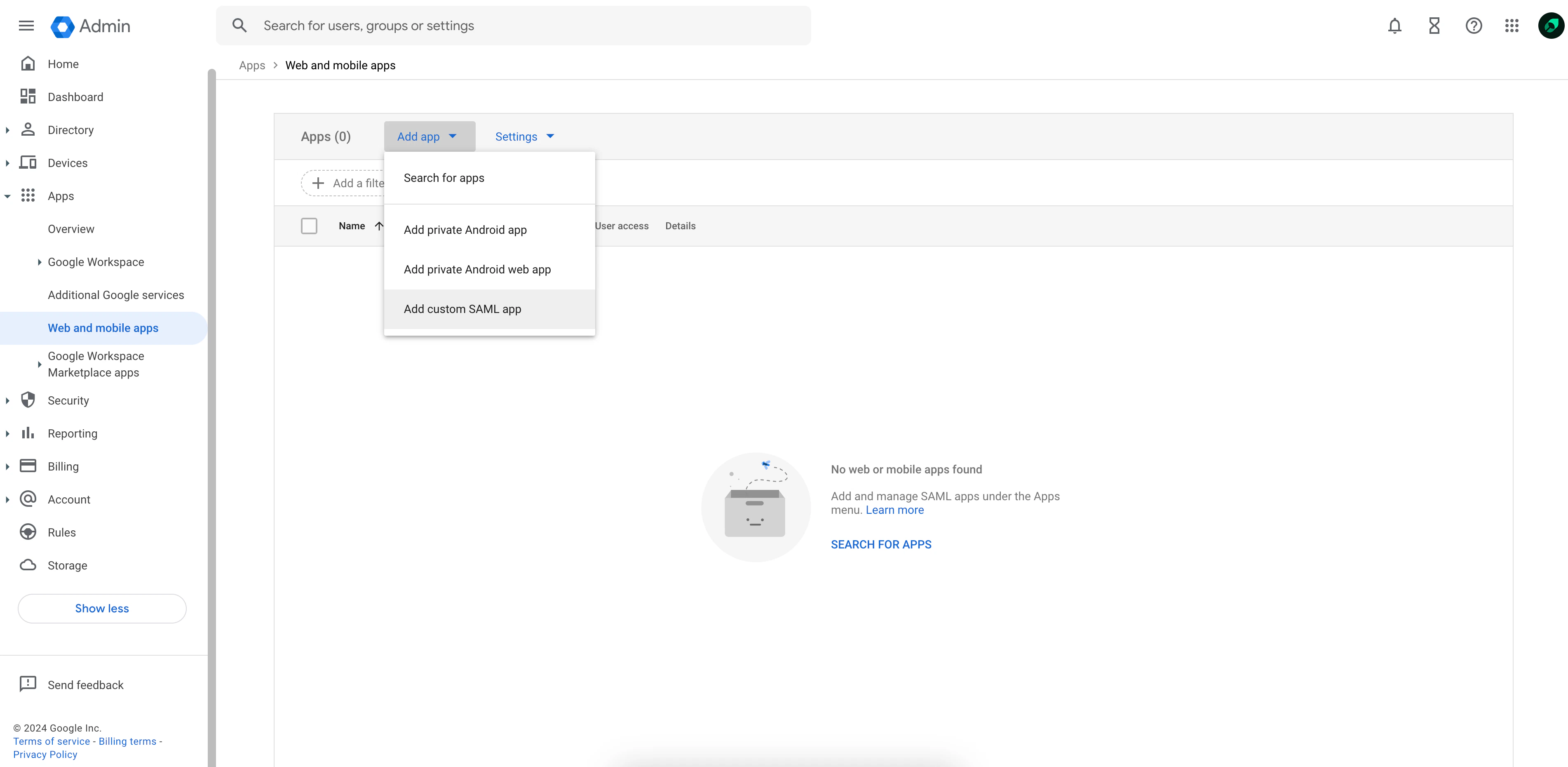 Screenshot of the Google Workspace SAML application creation page with the "Add custom SAML app" menu item highlighted