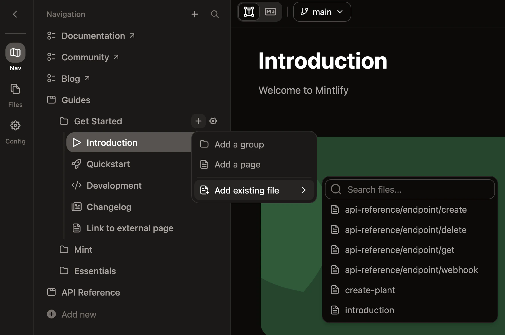 Add existing file menu expanded.
