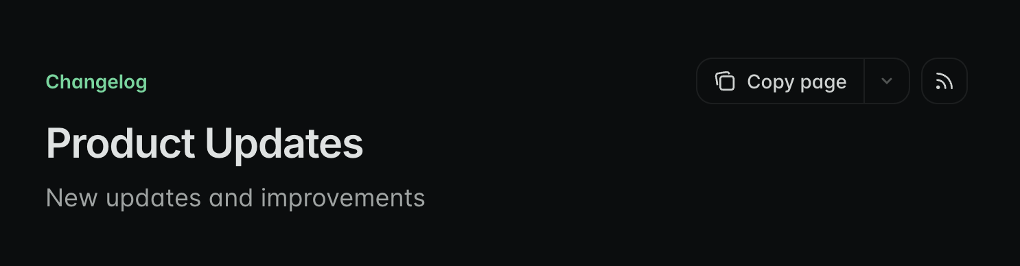 Changelog page in dark mode with RSS feed button enabled.