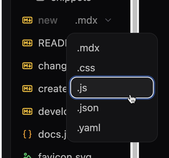 File extension menu in the visual editor in dark mode.