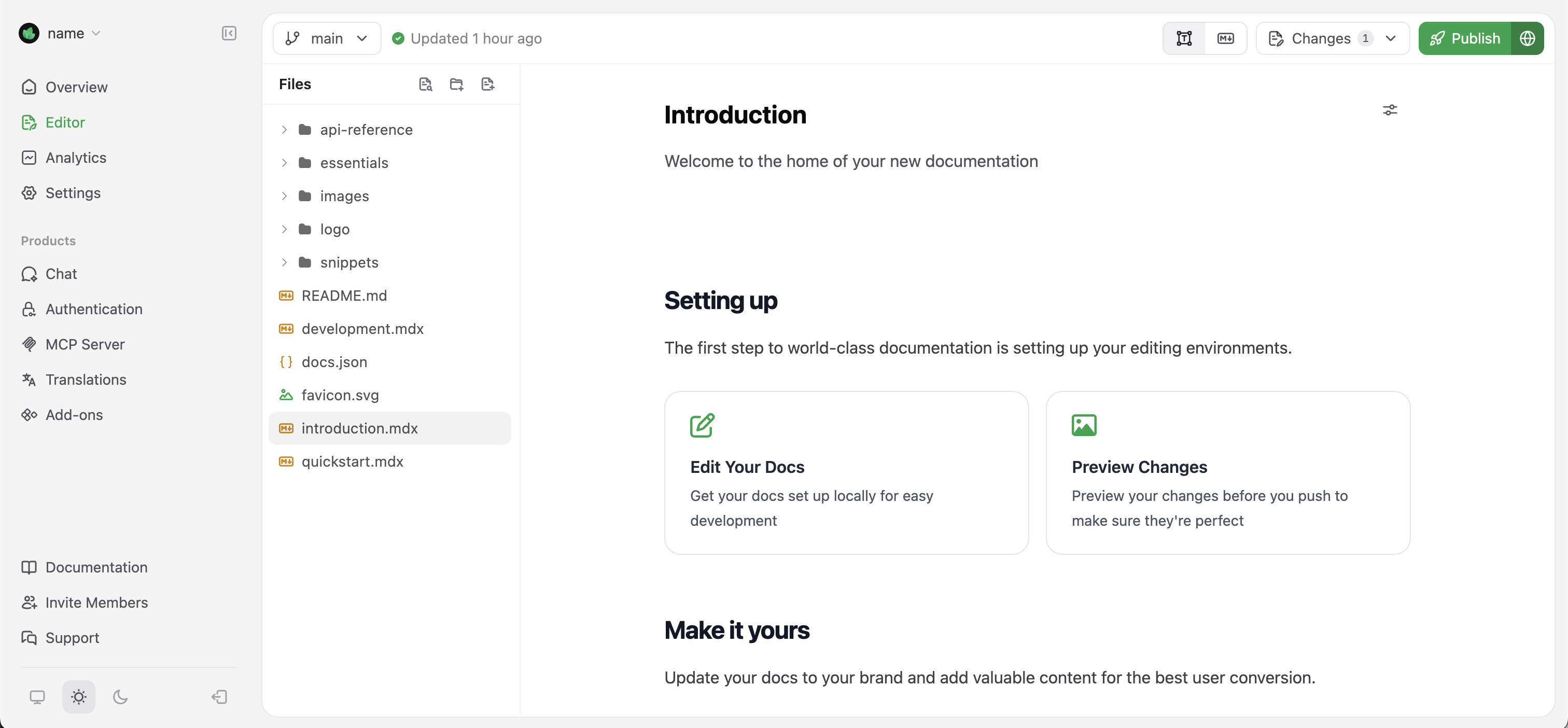 L'éditeur web Mintlify en mode éditeur visuel