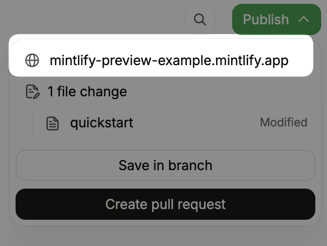 Preview URL emphasized in the publish menu.