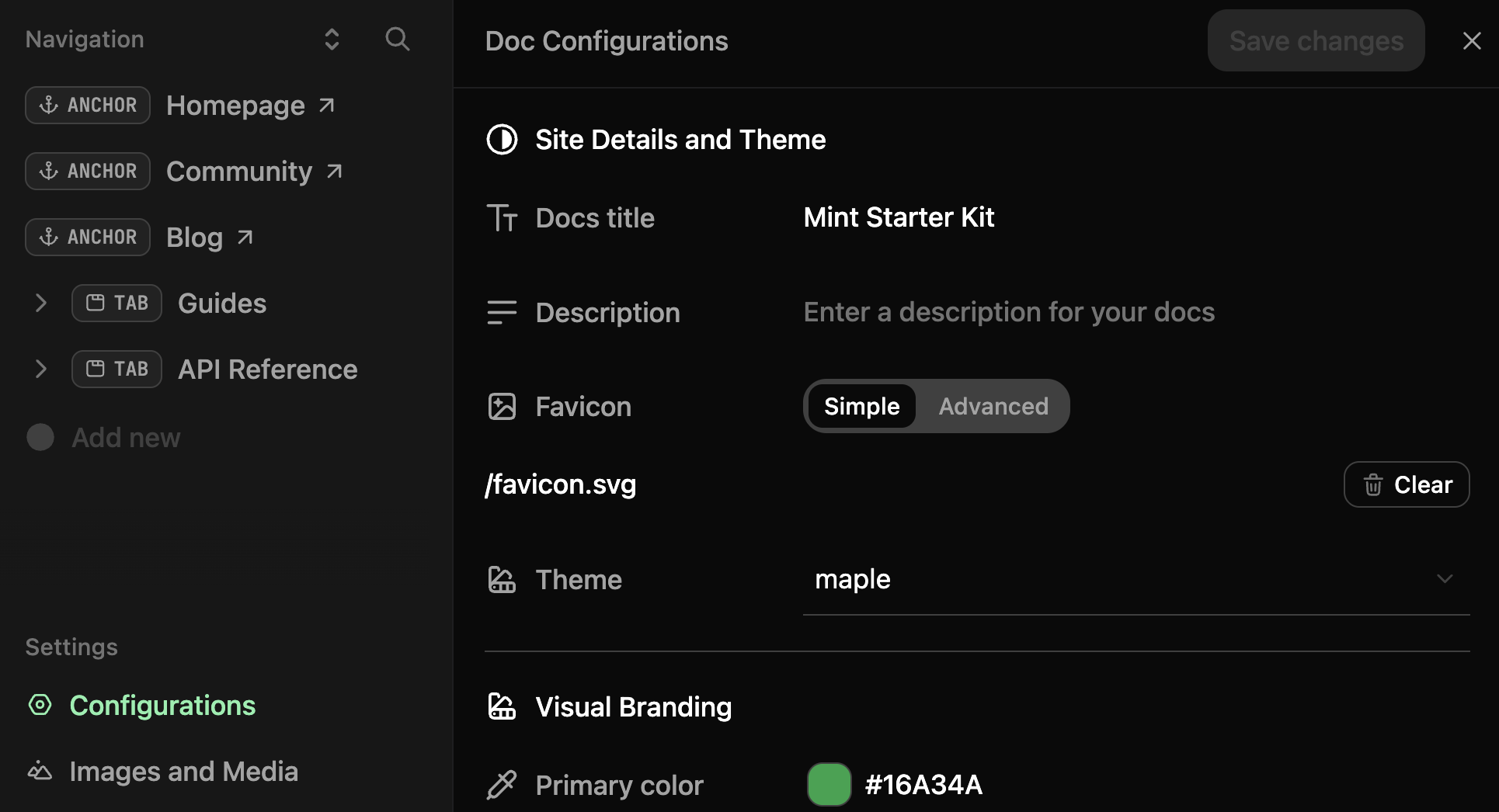 Configurations settings in the sidebar in dark mode.