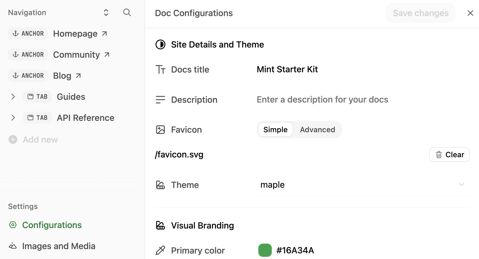 Configurations settings in the sidebar in light mode.
