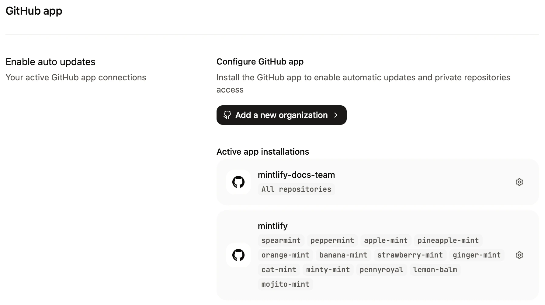 The GitHub app page showing connected repositories for two organizations.
