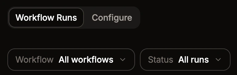 Workflow runs page showing the workflow and status filters.