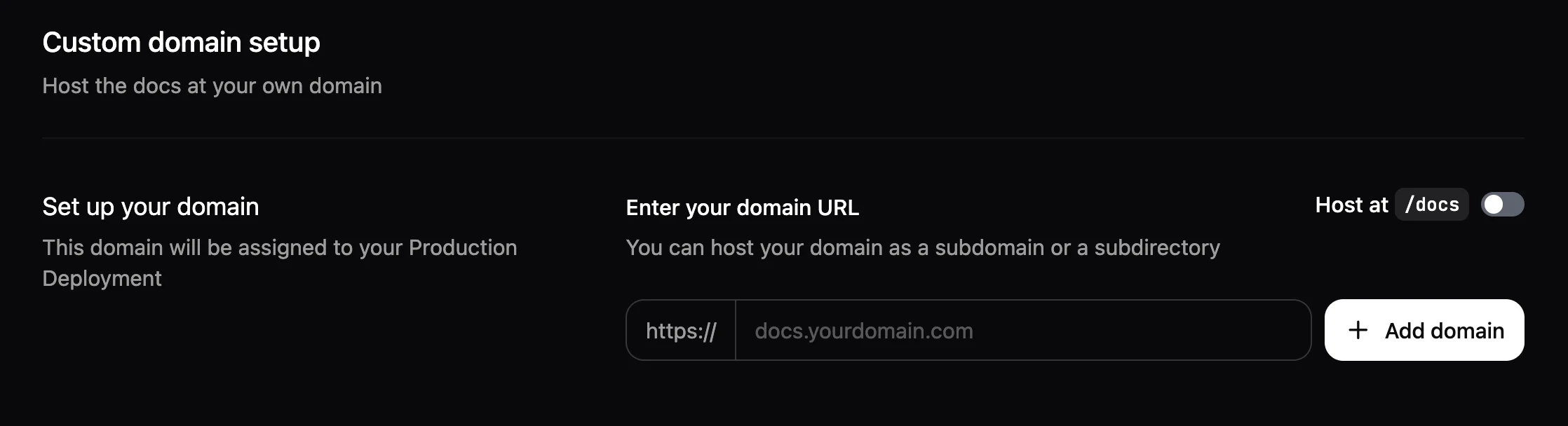 The Custom domain setup page showing the field to enter your custom domain URL.