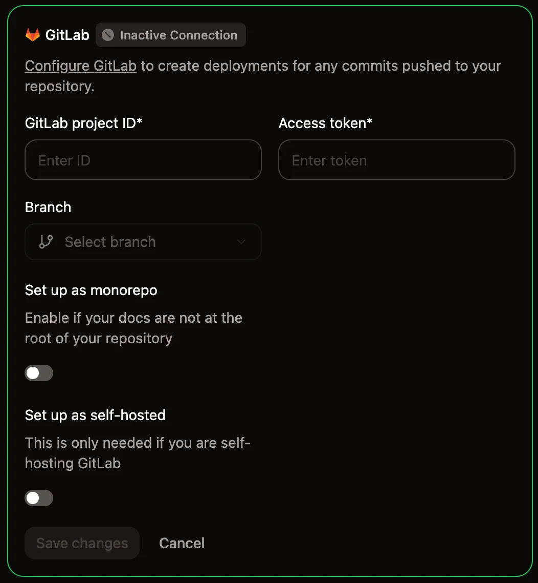 The GitLab configuration panel in the Git Settings page of the Mintlify dashboard.