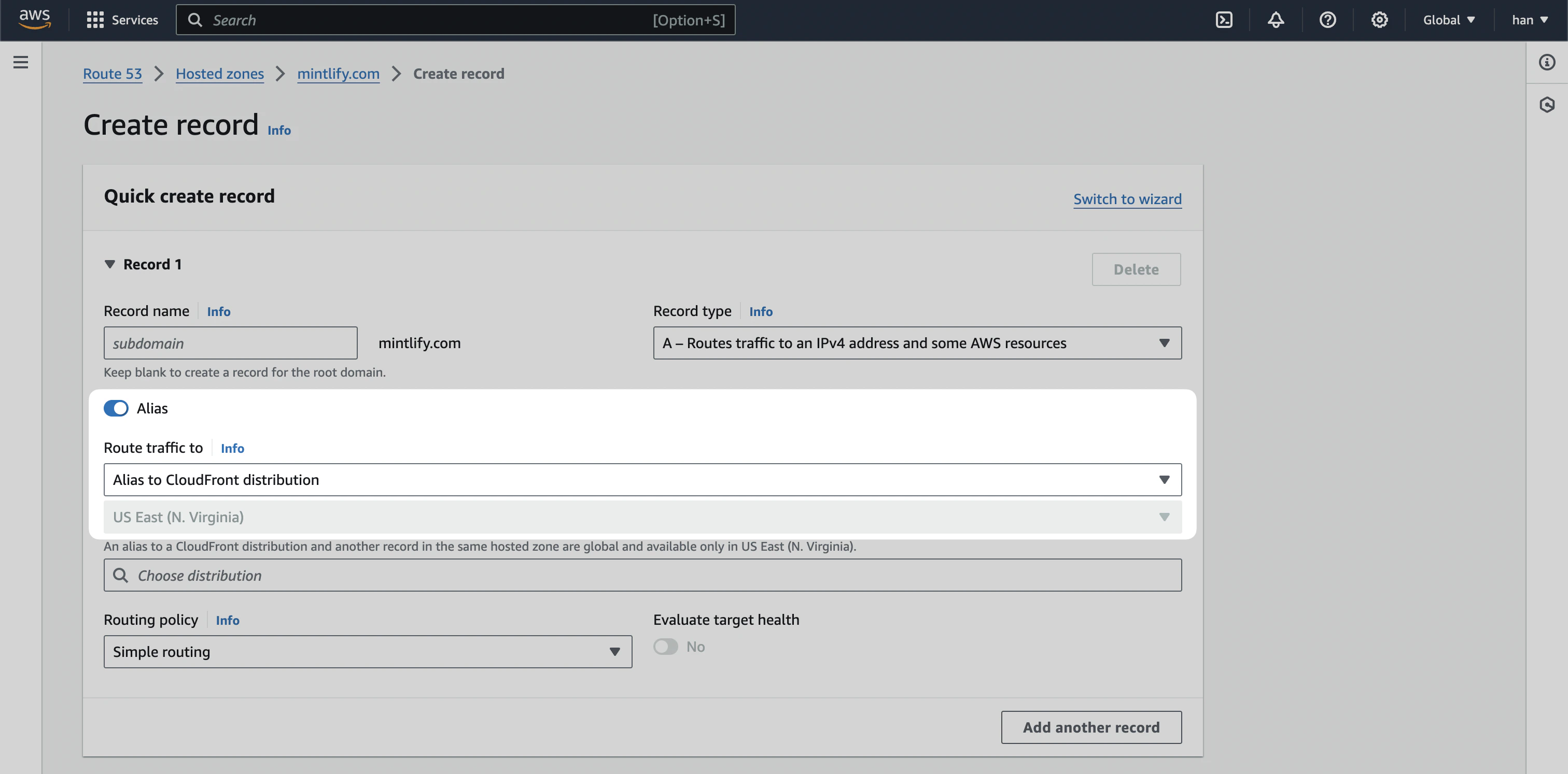Route 53 "Create record" page with the "Alias" toggle and the "Route traffic to" menu highlighted.