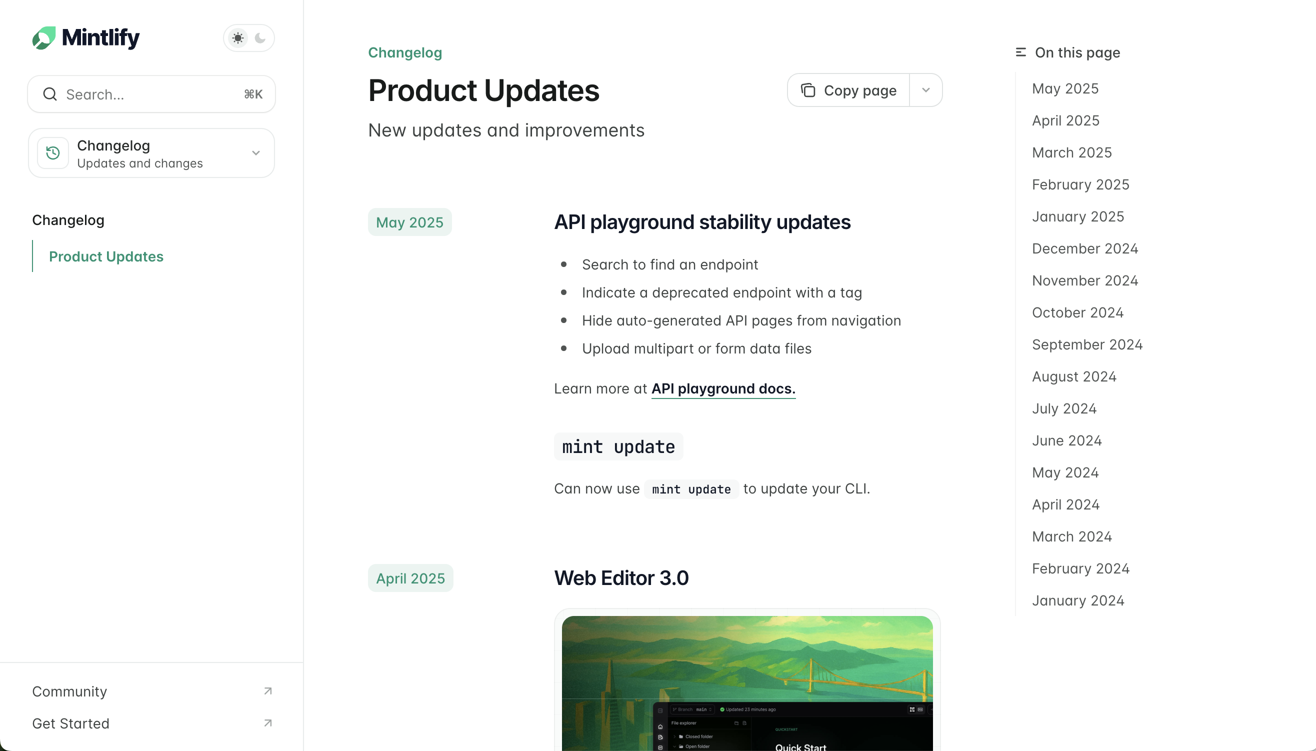 Changelog with table of contents displayed in light mode.