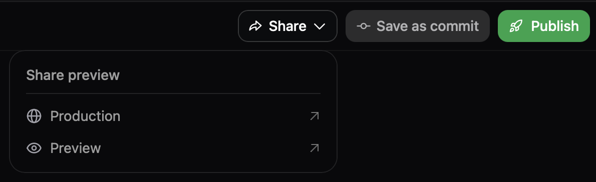 Share preview panel opened in the editor toolbar.