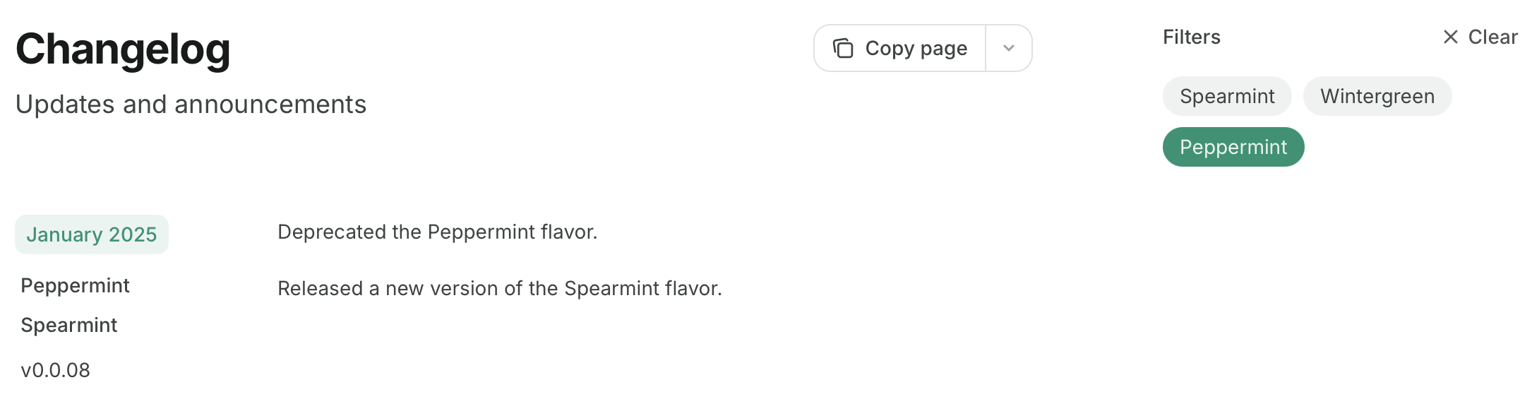 Changelog in light mode with the Peppermint tag filter selected.
