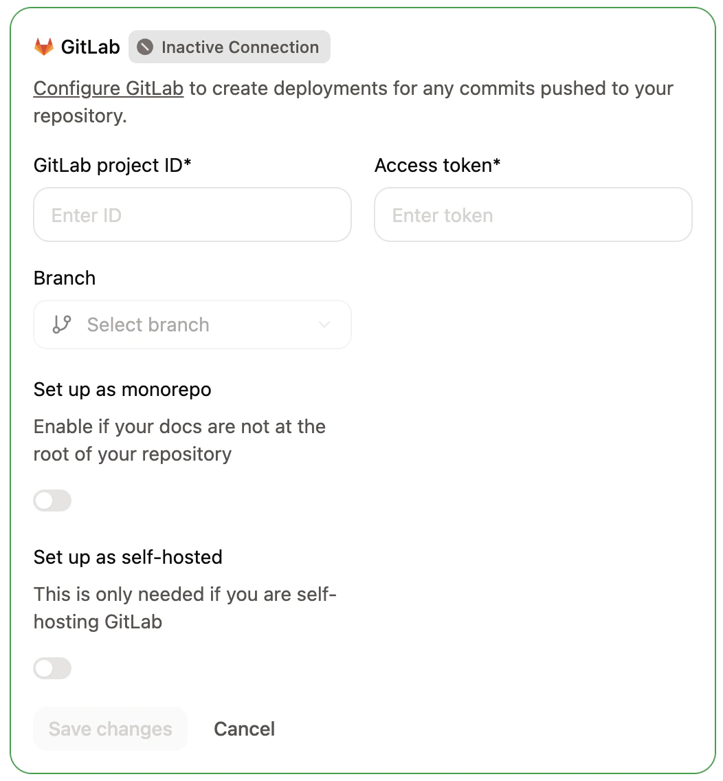 Mintlify 控制台 Git Settings 页面中的 GitLab 配置面板。