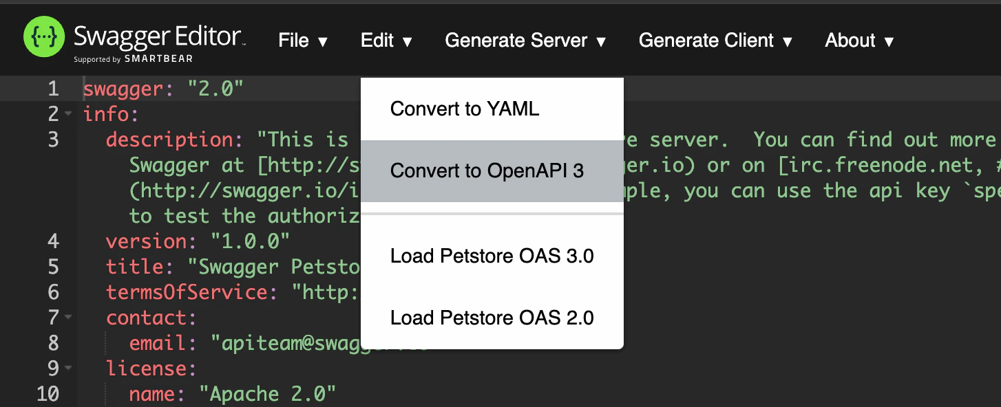 Capture d’écran de Swagger Editor avec le menu Edit développé et l’élément « Convert to OpenAPI 3 » mis en évidence.