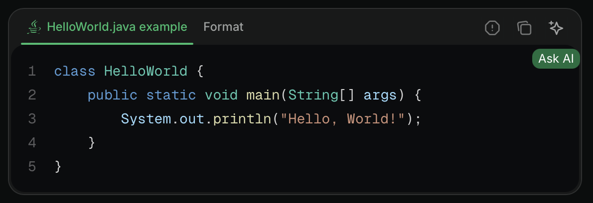 The Ask AI button in a code block in dark mode.