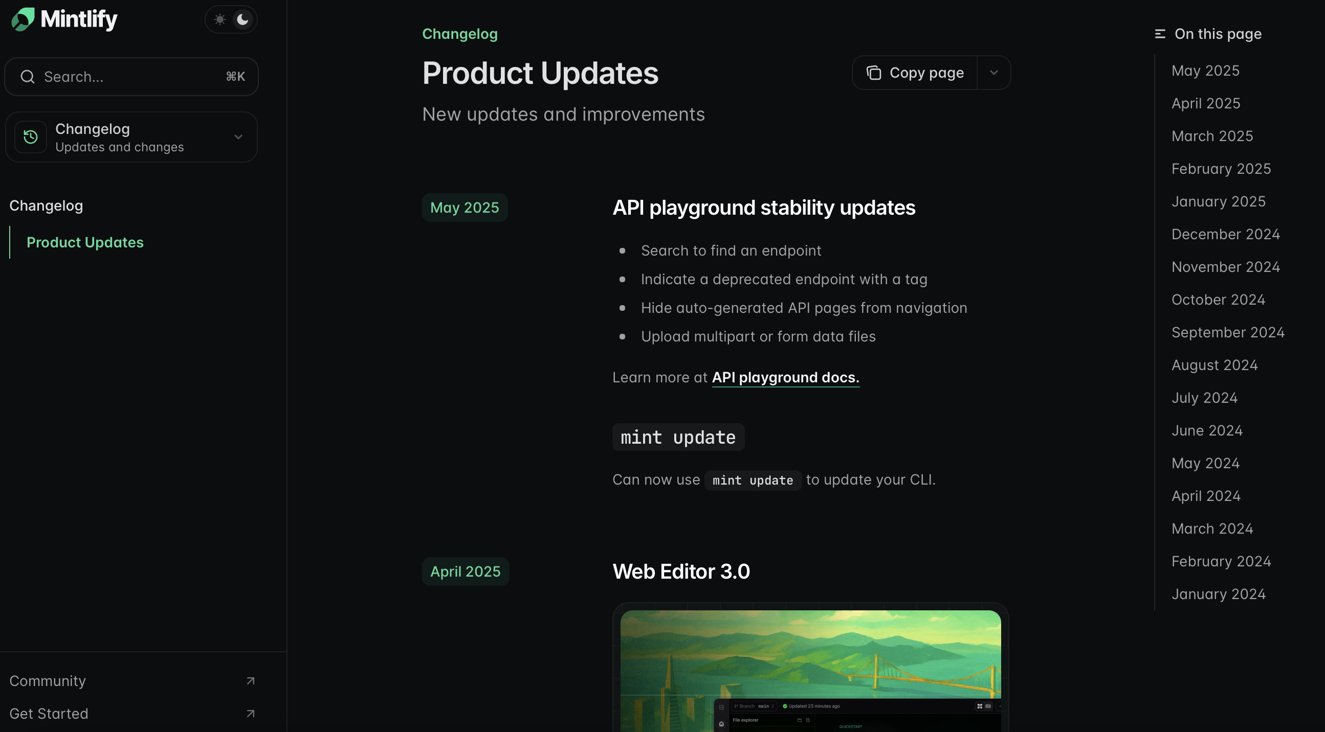 Changelog with table of contents displayed in dark mode.