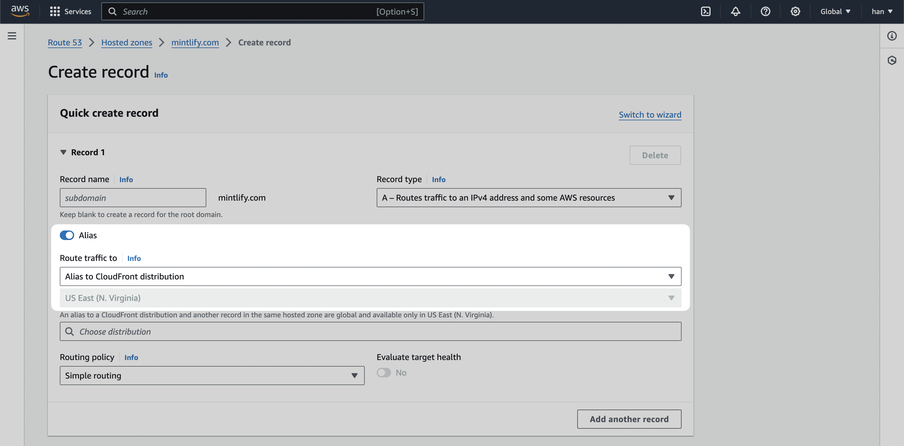 Route 53 "Create record" page with the "Alias" toggle and the "Route traffic to" menu highlighted.