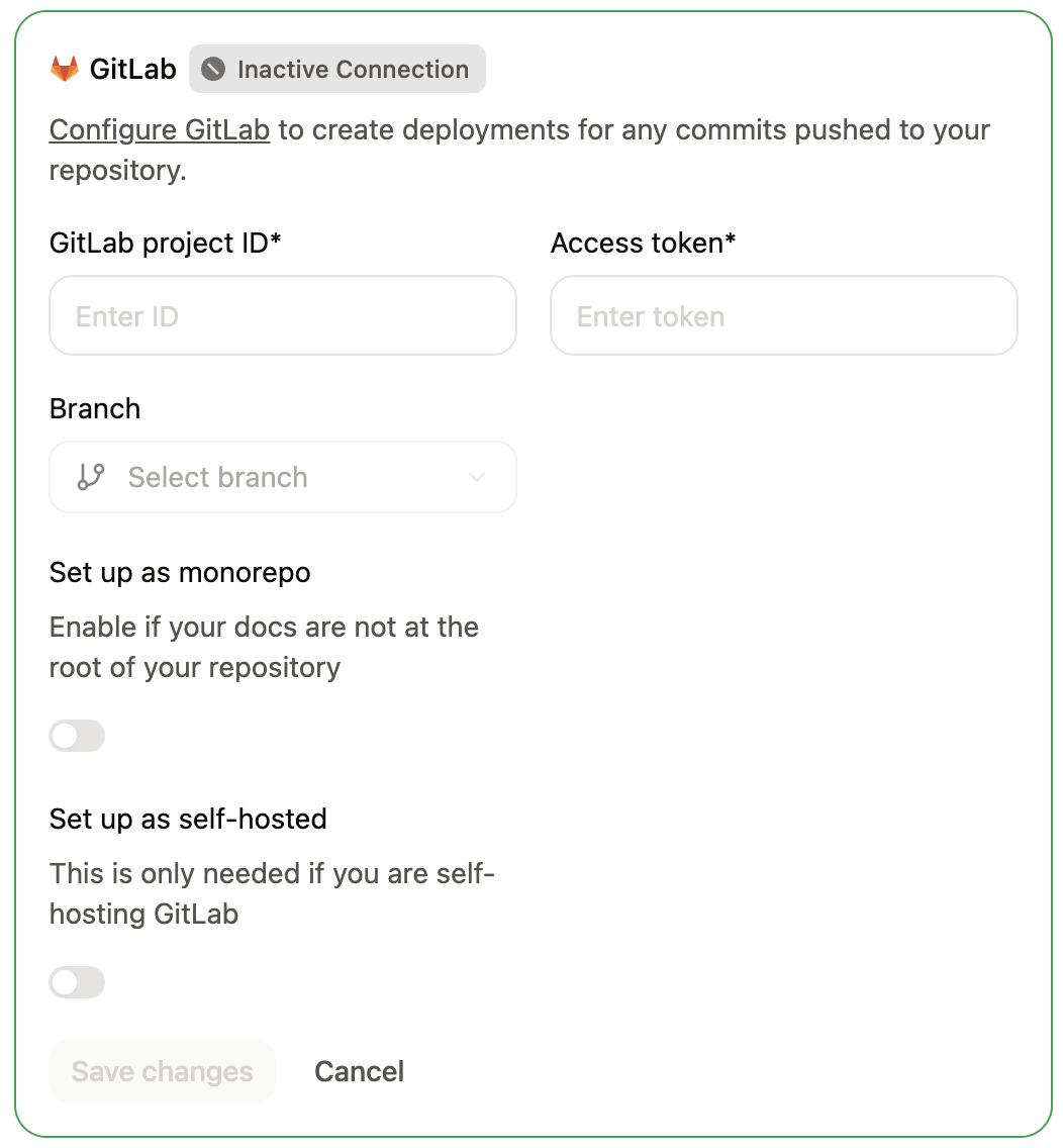 The GitLab configuration panel in the Git Settings page of the Mintlify dashboard.