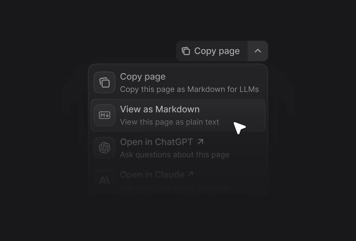 展开的上下文菜单,显示了“复制页面”“以 Markdown 查看”“在 ChatGPT 中打开”和“在 Claude 中打开”等菜单项。