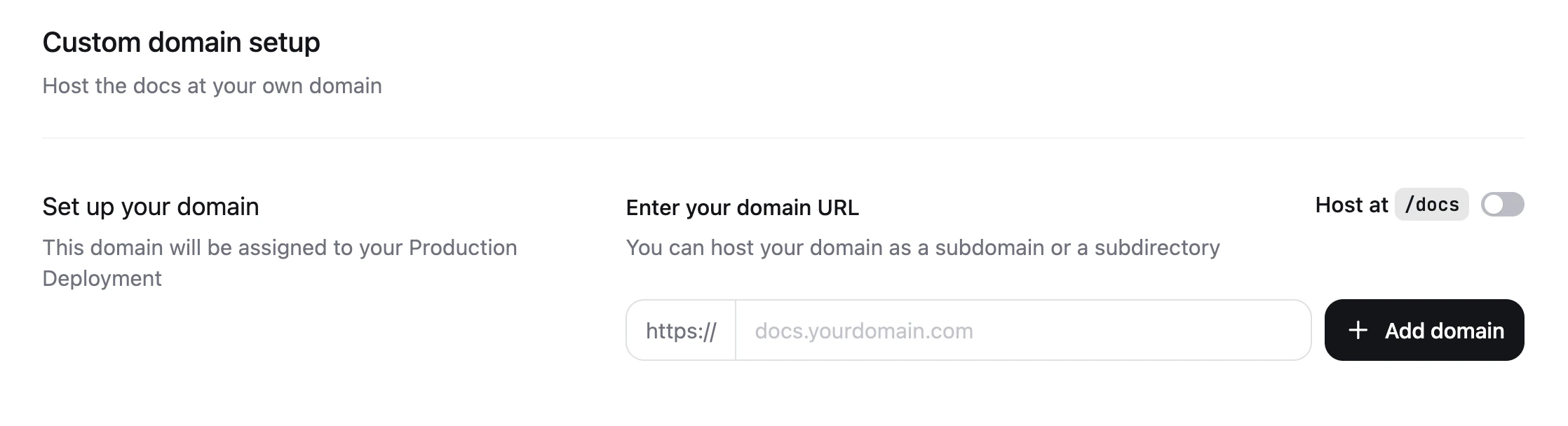 La page de configuration du domaine personnalisé affichant le champ pour saisir l'URL de votre domaine personnalisé.
