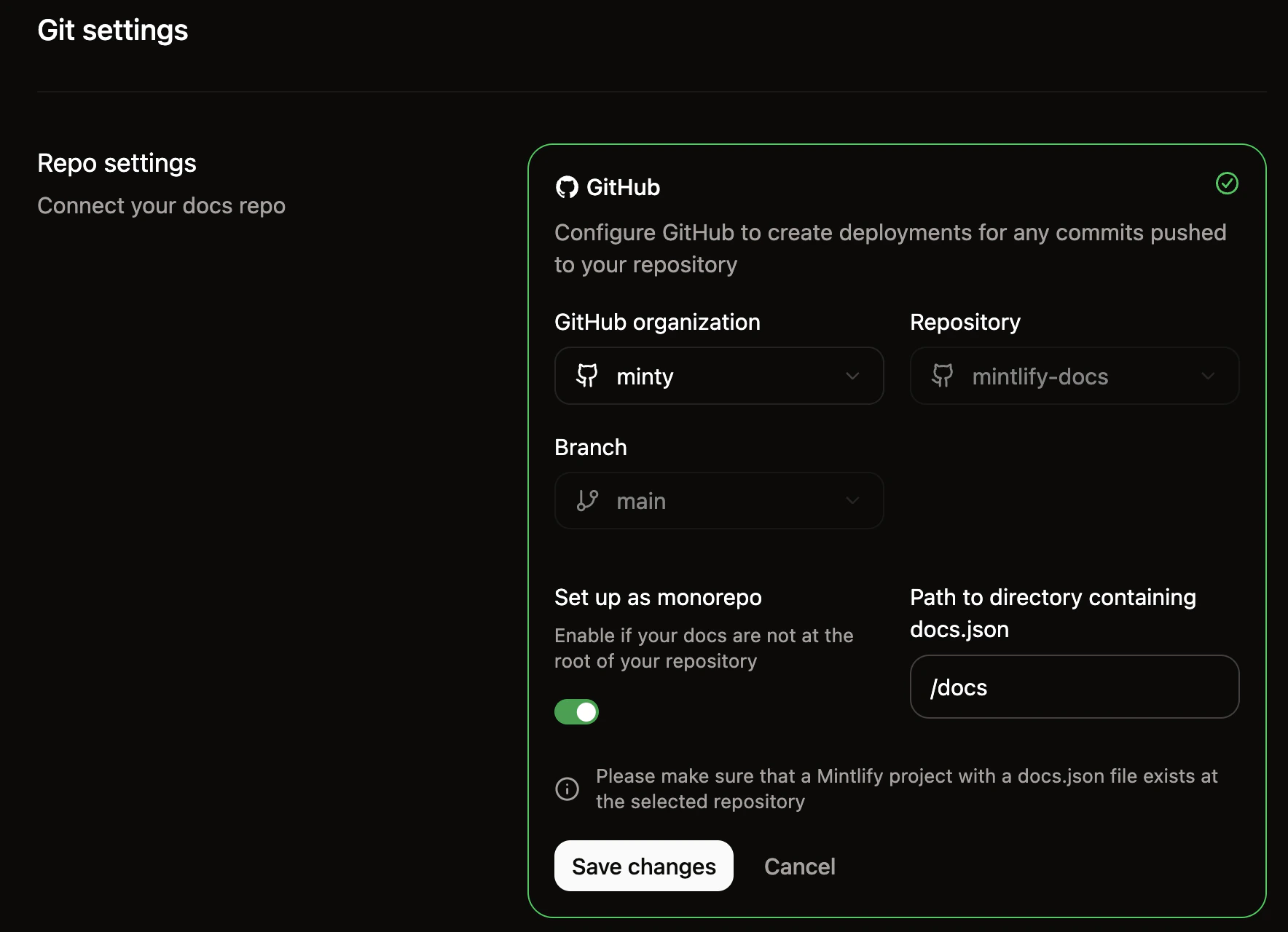 Configuración del repositorio en la página Git settings.